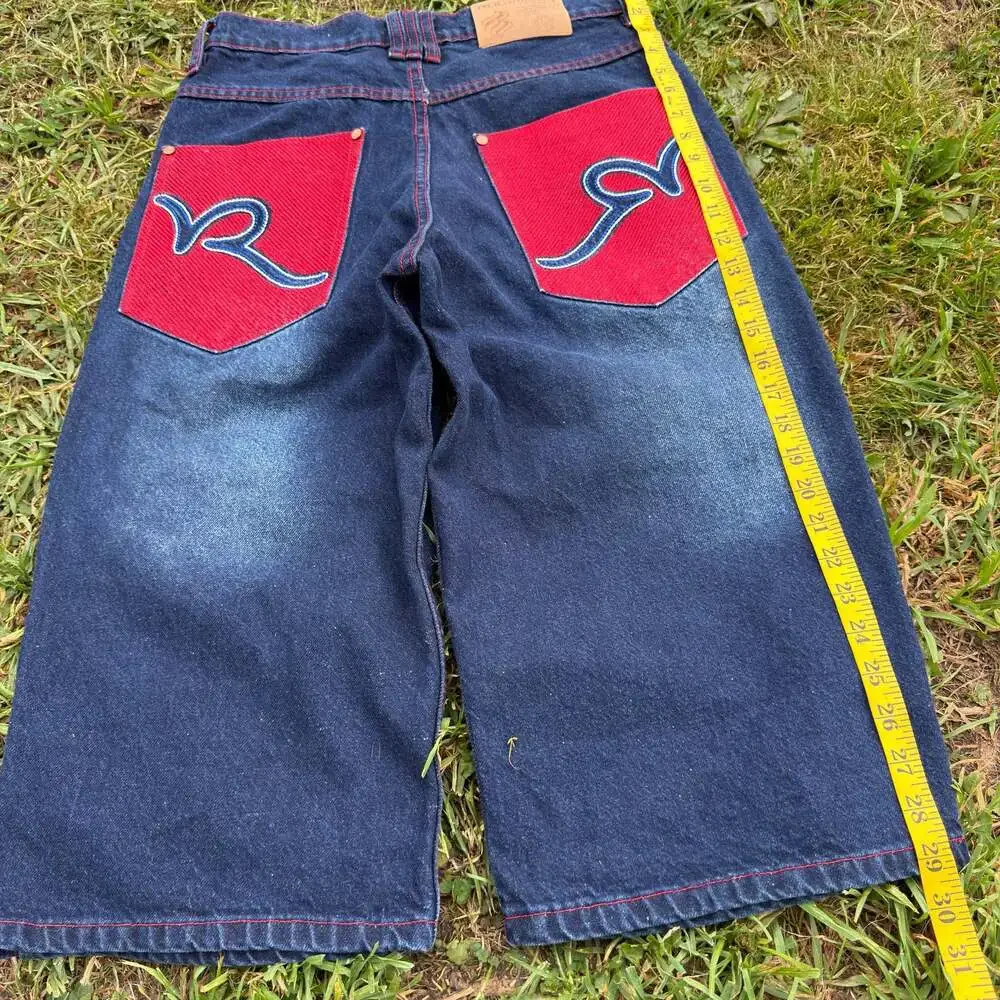 Essential Vintage Rocawear Y2K Baggy Denim Jorts with Embroidered Red Pockets